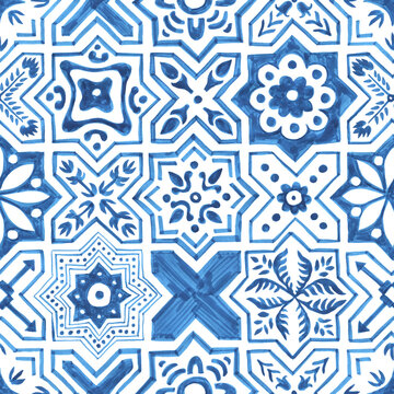 Seamless moroccan pattern. Square vintage tile. Blue and white watercolor ornament painted with paint on paper. Handmade. Print for textiles. Set grunge texture.