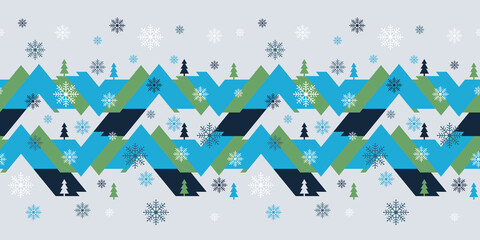 Abstract geometric landscape Border with hills, pine trees and snow flakes. Holiday seamless vector illustration in winter colours. Great for Christmas wrapping paper, greeting cards and posters.