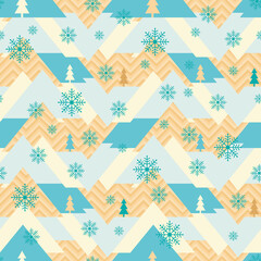 Abstract geometric landscape in orange and blue with hills, pine trees and snow flakes. Holiday seamless vector illustration for Christmas wrapping paper, greeting cards and gift boxes.