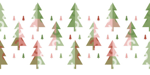 Festive Christmas park Border with  colourful decorated geometric trees on white background. Abstract seamless vector pattern suitable for wrapping paper, home decor and stationary.