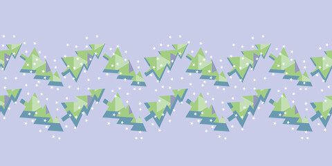 Dancing green, blue and violet Christmas tree Border with stars. Abstract geometric seamless pattern for wrapping paper, interior decoration and stationary.