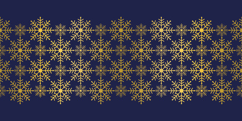 Regular seamless snowflake texture Border on blue background. Elegant gold foil vector pattern with scratches. For banners, greetings, Christmas and New Year cards, invitations and paper packaging.