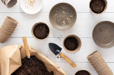 Eco friendly pots for seedlings on a white wooden background, small bag with ground and garden trowel with rake, planting seeds in disposable peat pots