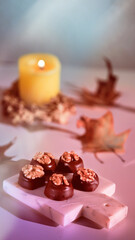 Chocolate pralines with walnut nuts on marble cutting board. Closeup on candy. Autumn arrangement with candle, pumpkins and dry yellow ginkgo leaves. Natural sunlight, with long shadows