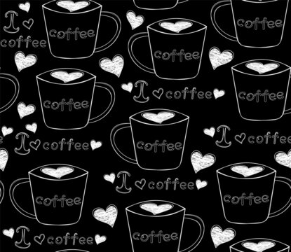 Beautiful beverage vector seamless pattern with handwritten coffee cups and hearts