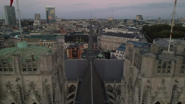 Flying through the towers of Brussels Cathedral