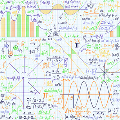 Scientific vector seamless pattern with mathematical and physical formulas, plots and calculations, different colors