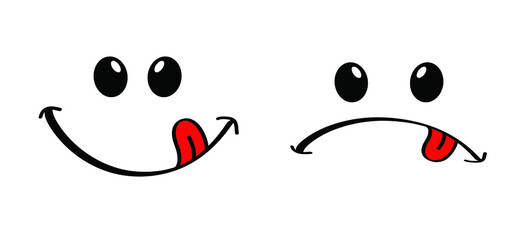 Cartoon, comic yummy smile or no yummy with tongue lick. Not happy smiling. Foot not good, ba, dirty. Comic vector delicious, tasty eating.
