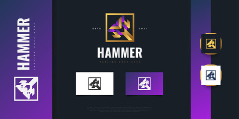 Luxury Hammer Logo in Purple and Gold Style for Mascot, Game Identity, or Studio Logo. War Hammer Logo or Symbol