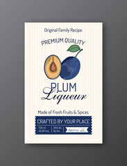 Plum liqueur alcohol label template Modern vector packaging design layout Isolated. - obrazy, fototapety, plakaty