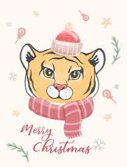Handdrawing watercolor illustration Christmas tiger