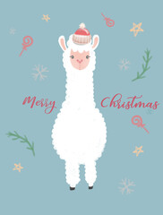 Handdrawing digital watercolor illustration Christmas lama