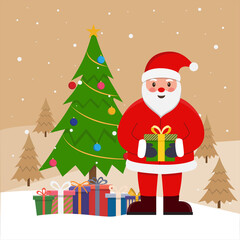 Santa Claus with christmas gift and winter landscape. Flat cartoon style vector illustration