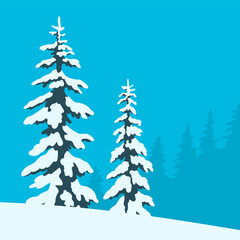 Winter snowy forest. Ate in the snow. Background with blue sky. Vector cartoon illustration