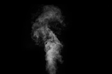 White hot curly steam smoke isolated on black background, close-up. Abstract background, design element