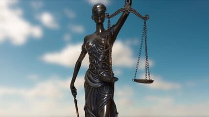 the statue of justice turns against the backdrop of clouds moving across the blue sky.