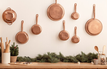 Christmas decorated kitchen counter or table in bright modern festive cozy interior with baking...