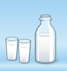 milk bottle and 2 glasses