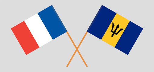 Crossed flags of France and Barbados. Official colors. Correct proportion