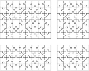 Illustration of four white puzzles, separate pieces	