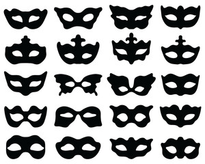 Black silhouettes of festive masks in black on a white background	