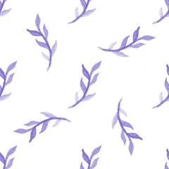 Seamless pattern with hand-drawn watercolor blue branches with leaves on white. Organic, natural, freshness concept for textile, print, etc.