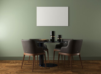 Picture frame mock-up in home interior background with table, chairs and decor in dining room, 3d render