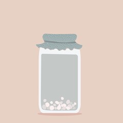 Vector illustration of water kefir grains in glass jar at pink background. Japanese crystals (Tibicos, Sugary Fungus) for homemade organic probiotic and fermented drink.