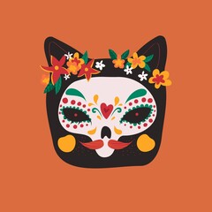 Vector illustration of Calavera cat skull decorated with flowers for mexican Day of the dead ( Dia de los muertos)