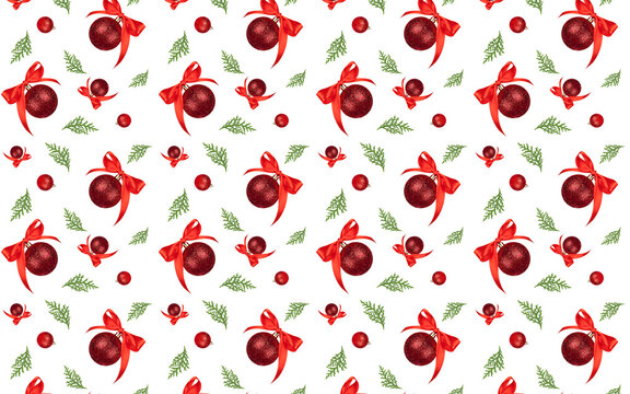 christmas seamless pattern red ornament with bow and spruce branch