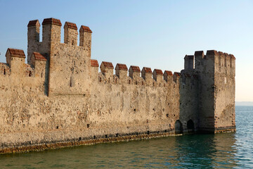 View of the medieval Rocca Scaligera castle in Sirmione town on Garda lake, Italy, Europe