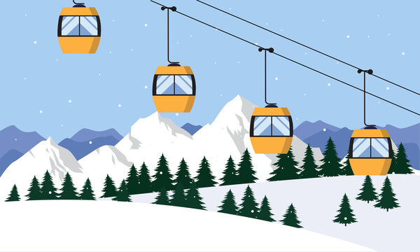 Yellow ski cabin lift for mountain skiers and snowboarders moves in the air on a cableway on the background of winter snow capped mountains. Vector illustration