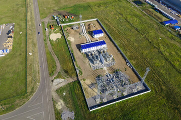 Electrical distribution station, transformers, high-voltage lines. High power electric substation