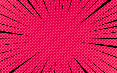 Pop art background with speed radial lines in manga style. Comic halftone pattern. Pink dotted print. Cartoon vintage texture. Geometric duotone banner. Superhero gradient design. Vector illustration.