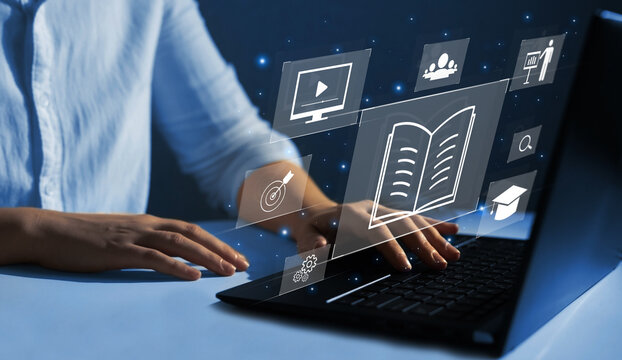 E-learning education and internet lessons. Education on internet Technology. Person who attends online lessons on a digital screen.