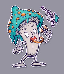 Funny sticker with poisonous mushroom eating edible mushrooms. Psychedelic print in cartoon style.