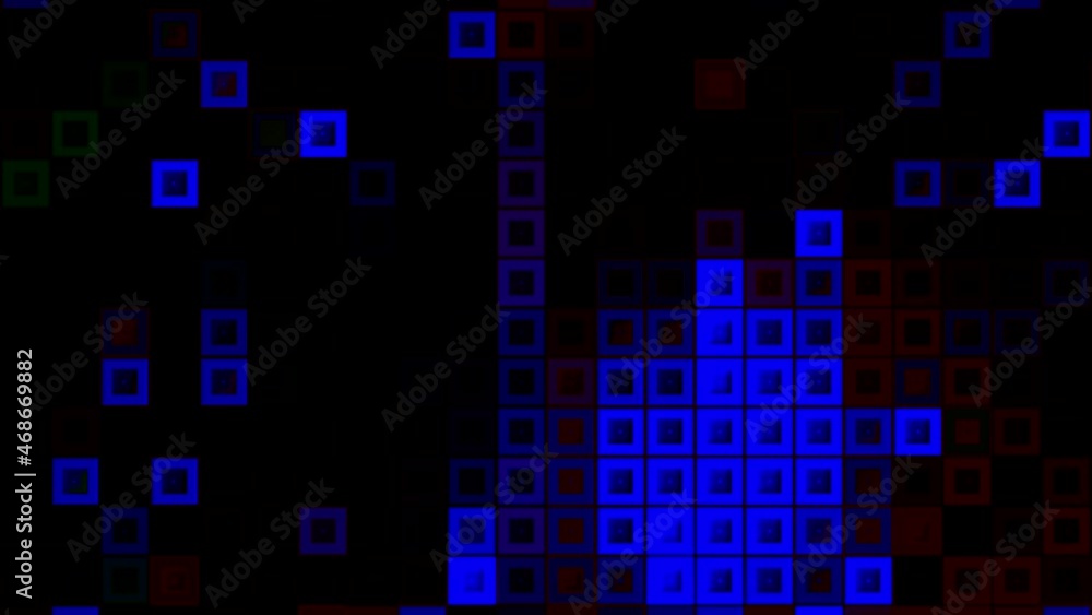 Poster blinking blue squares on black background, seamless loop. motion. abstract cubes running randomly in