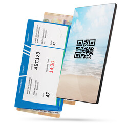mobile phone with beach background with flight tickets and banknotes of Europe and a QR Code in front of 3d-illustration