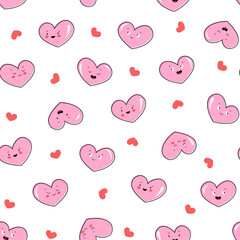 Seamless pattern with  pink hearts for the Valentine's Day holiday. Funny cute faces with different emotions. Vector graphics.