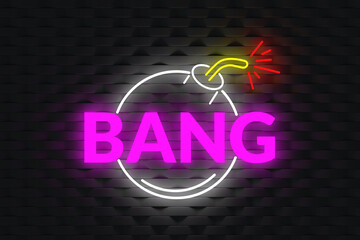 Fototapeta na wymiar Glowing icon of bomb with word bang on dark wall. 3d render