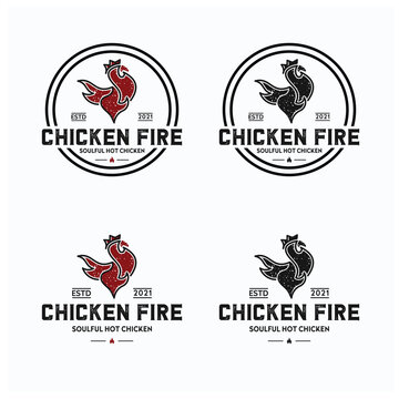 Vintage retro chicken and fire logo Premium Vector