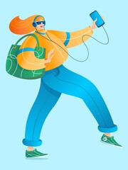 Vector illustration with fashionable sporty girl who listens to music on headphones with the phone. Online music concept.