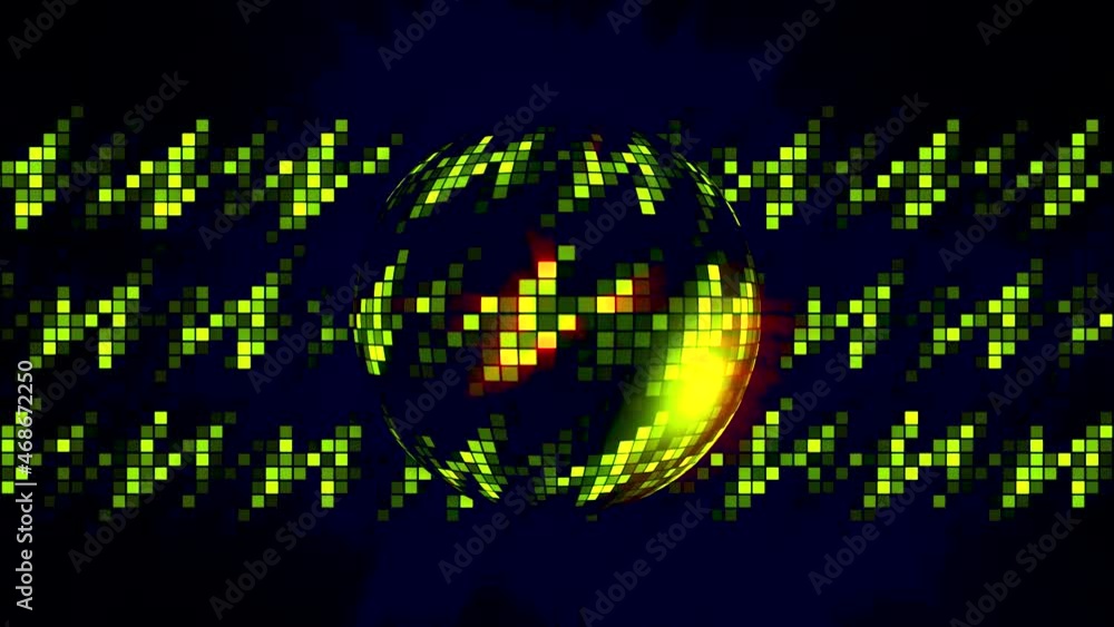 Poster rows of pixelated zigzags with a silhouette of a rotating sphere on a black background, seamless loo