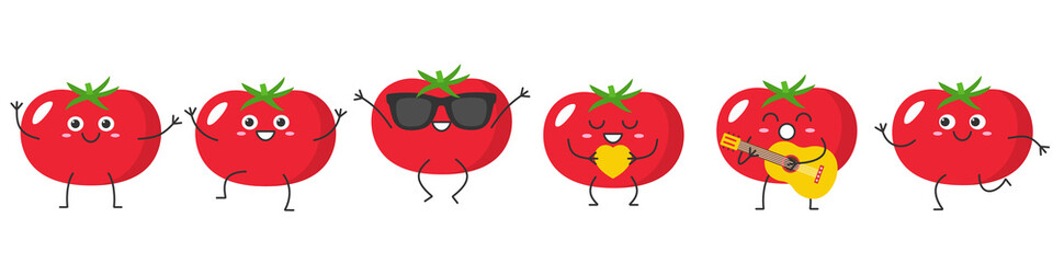Set tomatos cute character cartoon hand greeting jumping loves sings running smiling face emotions joy happy ripe red tomatoes icon beautiful vector illustration. © Neoncat