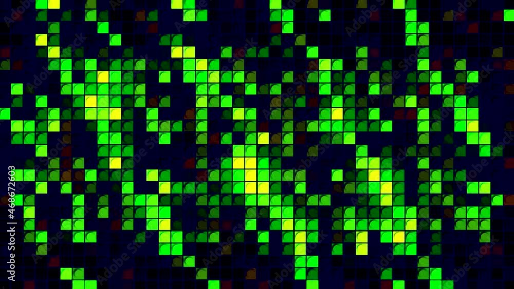 Poster motion abstract background with green pixels flashing and blinking on a black background, seamless l