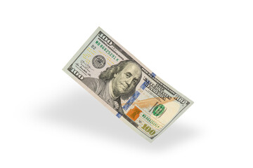 Obraz na płótnie Canvas Hundred dollar bill falling casting shadow, half-folded bill close-up on white background