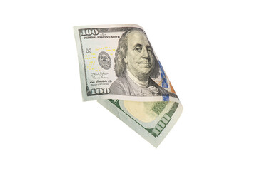 Obraz na płótnie Canvas Isolate on white hundred dollar bills. American money folded in half, close-up.