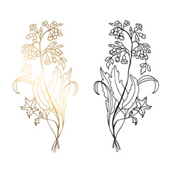 Monochrome and golden branches with flowers isolated on a white background. Hand-drawn black and white vector illustration of leaves, lush flowers. For greeting cards and wedding invitations, birthday