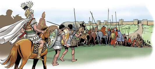 Ancient Rome - Pyrrhus reaches Taras with a considerable army, composed of Epirote troops, but also Molossians, Tesproti, Caoni, Ambracioti, Macedonians and Thessalian knights - obrazy, fototapety, plakaty