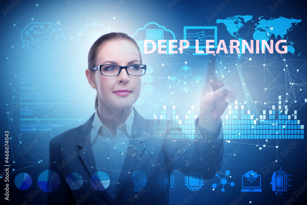 Poster deep learning concept with businessman pressing button
